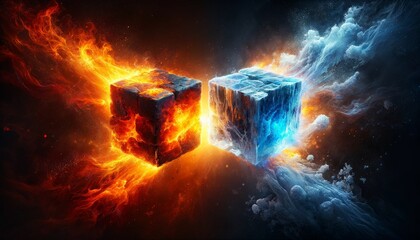 Fiery and icy elemental cubes clashing - A dramatic depiction of fire and ice cubes in a powerful conflict, symbolizing opposition and balance - obrazy, fototapety, plakaty