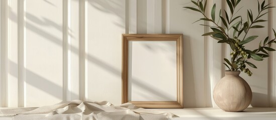 Wooden frame mockup with portrait in sunlight, accompanied by an olive branch in a contemporary organic vase, set against a beige linen table cloth and a white wainscot wall paneling background.