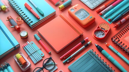 school and college stationary, including notebooks, markers, rulers, and glue sticks, each meticulously isolated against contrasting solid color backgrounds, emphasizing the importance and versatility - obrazy, fototapety, plakaty