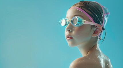 Side view shot of a girl with freckles wearing pink goggles smiling with wet hair posing against a blue background.