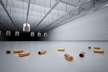 Detailed View of Scattered Bullet Casings at an Indoor Firing Range Target Area © Dabarti