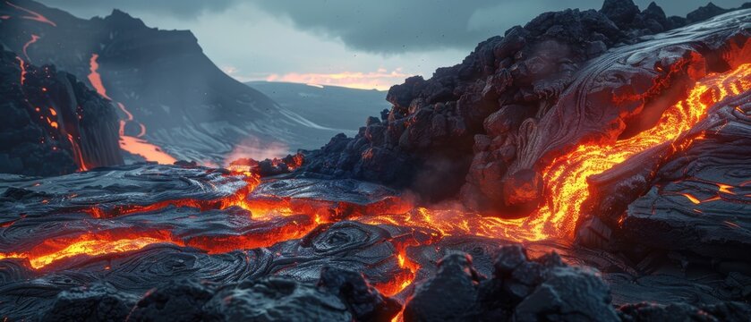 Dramatic stone slab breaking, revealing a vivid lava flow in an epic setting