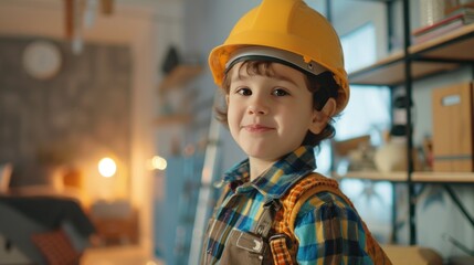 Young child wearing a yellow hard hat and blue plaid shirt standing in a room with shelves and a clock smiling at the camera. - obrazy, fototapety, plakaty