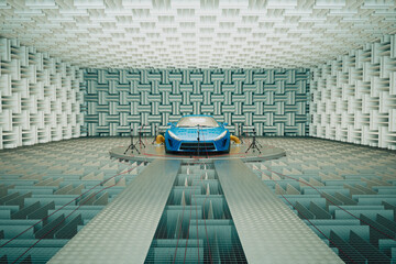Sleek Blue Sports Car Undergoing Precision Acoustic Testing in Advanced Facility - 767209530
