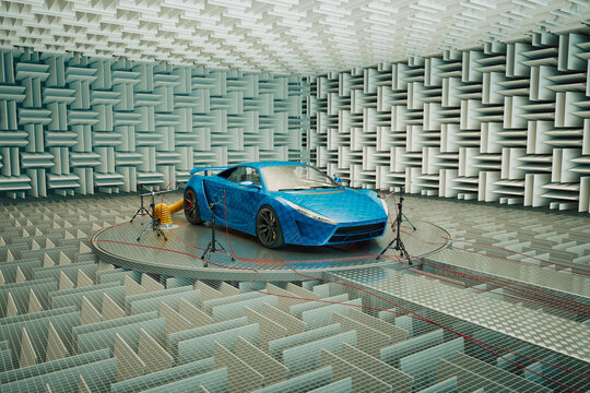 High-Performance Blue Sports Car Undergoes Precision Acoustic Testing in Lab