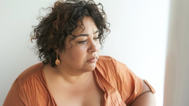 Woman with curly hair wearing an orange blouse looking down with a thoughtful expression.