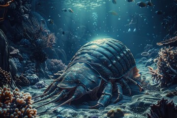 A hyperrealistic 3D rendering of a giant isopod crawling on the ocean floor, surrounded by intricate coral reefs and dimly lit by the faint sunlight filtering through the water above , 3D illustration - obrazy, fototapety, plakaty