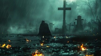 A lone figure in a cloak kneels in a misty rain-soaked graveyard before a cross - obrazy, fototapety, plakaty