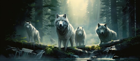 A pack of wolves, carnivorous terrestrial animals with fur, standing together in the darkness of the woods, creating a mesmerizing natural landscape
