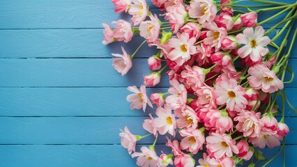 Spring atmosphere captured with pink flowers on blue wooden background