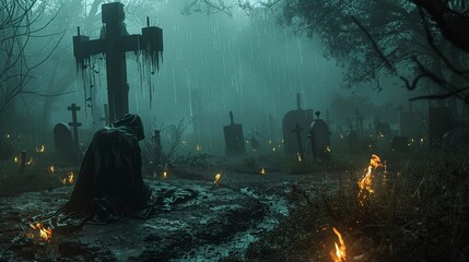 A lone figure in a cloak kneels in a misty rain-soaked graveyard before a cross - obrazy, fototapety, plakaty