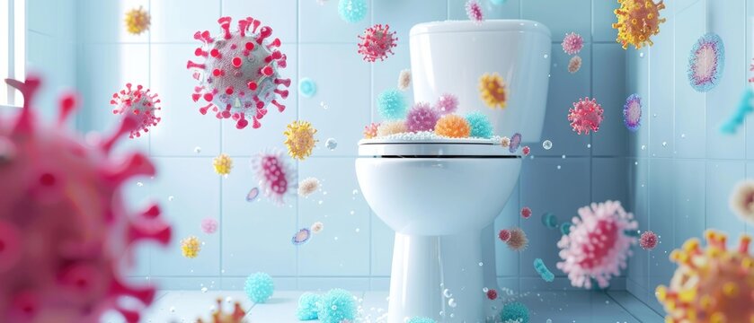 Vividly colored viruses floating ominously around a porcelain toilet in a stark white bathroom, highlighting the contrast between cleanliness and the hidden dangers of contamination , 3D illustration