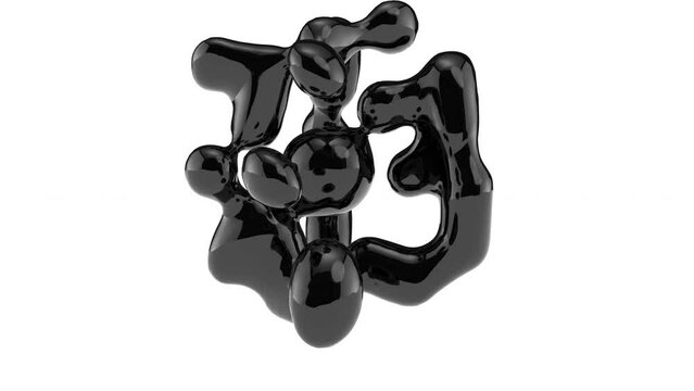 Dynamic 3d rendering of glossy black fluid structures isolated on white