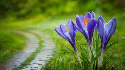 Spring background featuring blue crocuses with raindrop tracks