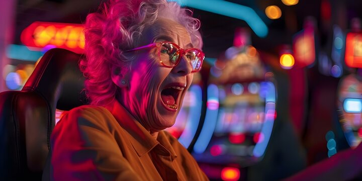 Excited and Addicted Elderly Woman Playing Slot Machine in Las Vegas Casino. Concept Casino Fun, Senior Activities, Gambling Addiction, Excitement, Las Vegas Vibes