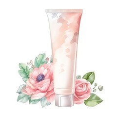 Cosmetic cream tube with rose flowers. Watercolor hand drawn illustration