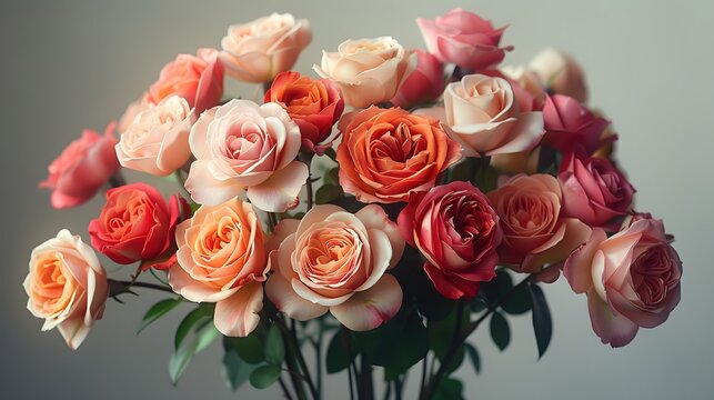 ultra-realistic image of a bouquet of vibrant roses against a solid white background, showcasing each delicate petal and subtle variation in color in stunning 16k resolution.