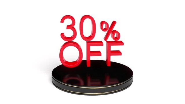 3d illustration of bright red 30 off sign on a sleek black podium against a white backdrop