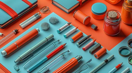 ultra-realistic school and college stationery, meticulously arranged against solid color backgrounds, emphasizing the importance and versatility of essential learning materials