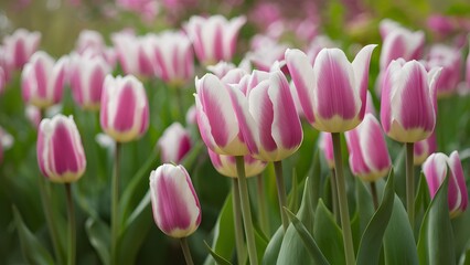 Spring blurred background with ultra violet white tulips, vibrant