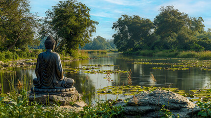 statue asiatique vue de dos en face d'une rivière
