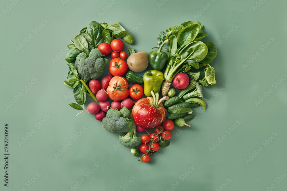 Wall mural an ai generative image of fresh vegetables been arranged in heart shape on green background. healthy