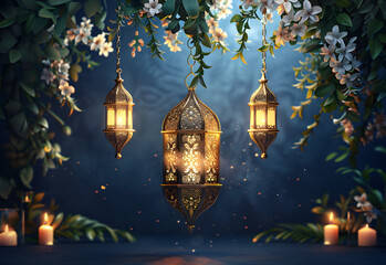 Obraz premium Elegant Eid al-Adha Mubarak Islamic greeting card with lantern and traditional calligraphy, depicting the holiday festival atmosphere.