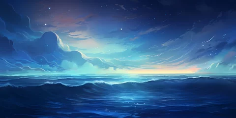 Fotobehang A soothing gradient waves artwork, blending from cerulean to midnight blue, creating a peaceful depiction of waves gently lapping against the shore under a starry sky. © Kanwal