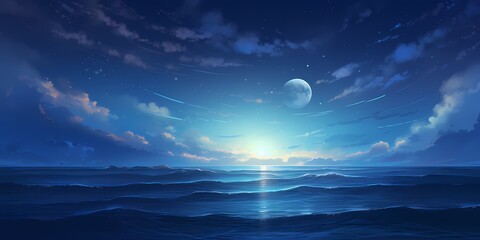 A soothing gradient waves artwork, blending from cerulean to midnight blue, creating a peaceful depiction of waves gently lapping against the shore under a starry sky. - obrazy, fototapety, plakaty