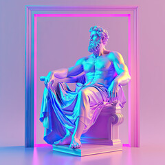 3D Greek god Zeus, in the style of neon color palette, vibrant gradients, retrofuturistic style, sitting in front of an empty picture frame, on a vibrant gradient