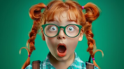 Excited, shock, omg wow expression. Shocked surprised funny elementary school kid girl in glasses lo - obrazy, fototapety, plakaty