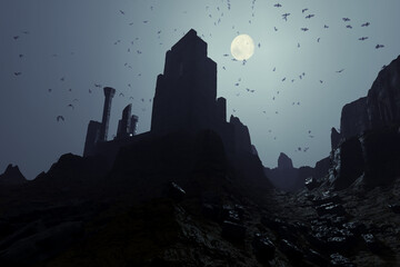 Enchanting Moonlit Ruins: Ethereal Birds Soaring Over Ancient Silhouettes - 767211316