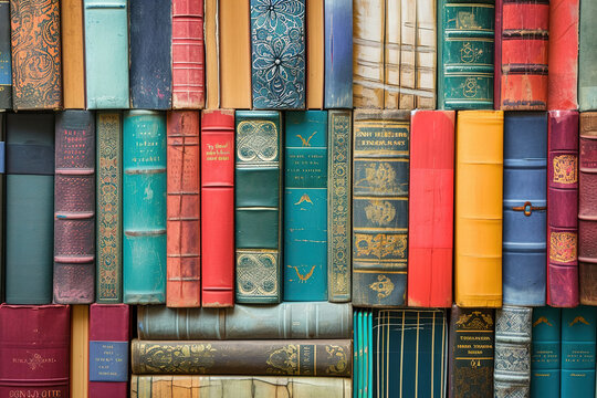 Arranged stack of books with their spines facing out, creating a colorful and unique pattern.