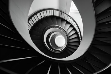Spiral staircase from a low angle, highlighting the curves and architectural details.