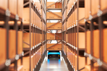 Automated Warehouse Interior: Robotic Systems Navigating Among High Shelves