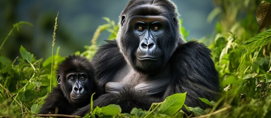 A primate with a large head and a baby gorilla with a cute snout are standing in the lush jungle surrounded by terrestrial plants and grass - obrazy, fototapety, plakaty