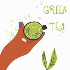 Matcha green tea, supplies, cards, invitation. Various matcha tea products. Japanese tea culture. Hand drawn vector illustration.