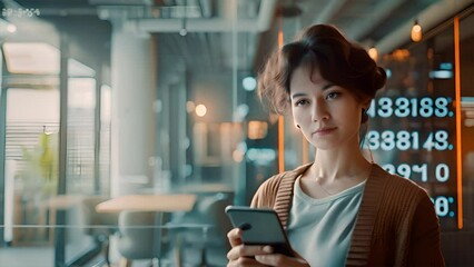 Contented individual with smartphone, backdrop of metrics, exudes triumph in ambient light.generative ai - Powered by Adobe