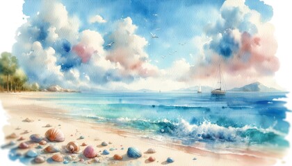 Serene Beach Landscape with Sailboat and Colorful Clouds