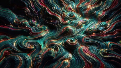 Highly detailed abstract illustration with swirling, colorful viscous forms resembling marble or liquid patterns. Rich earthy hues of red, green, blue, and brown blend together. - obrazy, fototapety, plakaty