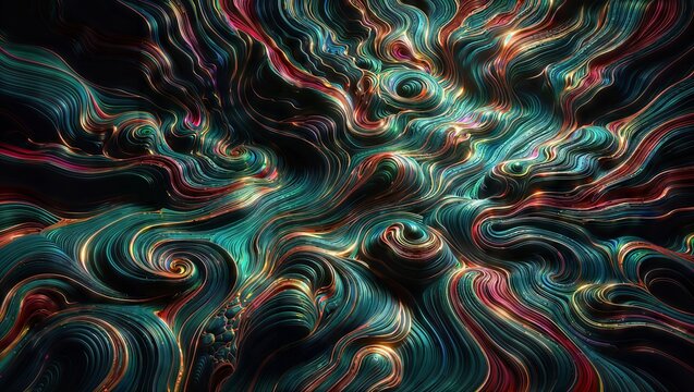 Highly detailed abstract illustration with swirling, colorful viscous forms resembling marble or liquid patterns. Rich earthy hues of red, green, blue, and brown blend together.