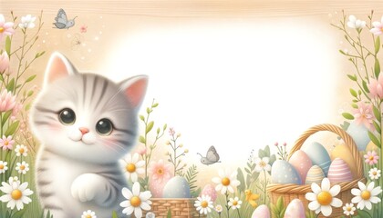 Cartoon kitten with Easter eggs and spring flowers