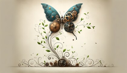 Steampunk Mechanical Butterfly Illustration on White Background
