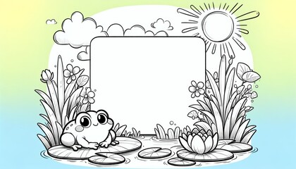 A whimsical frog pond illustration with a blank sign