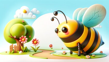 Illustration of a whimsical bee in a colorful garden setting
