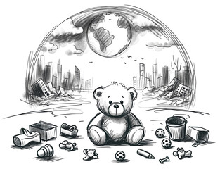 A teddy bear sitting amidst broken toys and urban decay