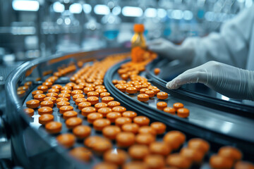 Tablets manufacturing process. Close-up shot of medical drug production line. - obrazy, fototapety, plakaty