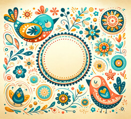 Colorful illustration of birds, flowers, and nature elements