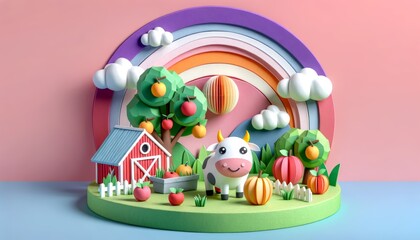 3D Animated Farm Scene with Rainbow, Cow, and Barn