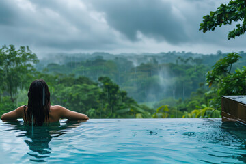 woman relaxing in infinity pool with view of rain forest